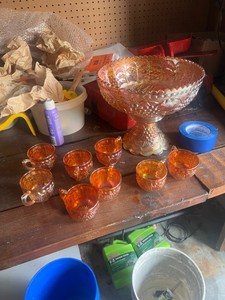 carnival glass punch bowl set