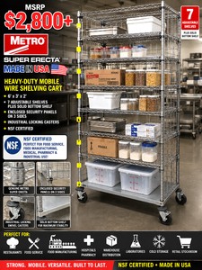 MSRP $2,800 Metro Super Erecta SteelChrome Heavy-Duty Mobile Wire Shelving Cart, 7 Shelves, Solid Bottom Shelf, Security Panels, Locking Casters, NSF Certified For Food Service, Food Manufacturing, Warehouse &amp Commercial Storage 6 x 3 x 2