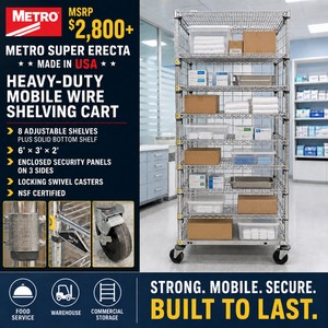 MSRP $2,800 Metro Super Erecta USA Heavy-Duty Mobile Wire Shelving Cart, 8 Adjustable Shelves, Solid Bottom Shelf, Enclosed Security Panels, Locking Casters, NSF Certified, Perfect For Food Service, Warehouse &amp Commercial Storage, 6 x 3 x 2