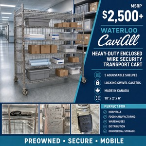 MSRP $2,500 Waterloo Cari-All Heavy-Duty Enclosed Wire Security Transport Cart, 5 Adjustable Shelves, Locking Swivel Casters, Made In Canada, Perfect For Hospitals, Food Manufacturing, Warehouses, Distribution &amp Commercial Storage, 10 x 2 x 6