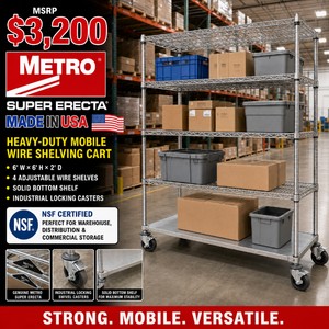 MSRP $3,200 Metro Super Erecta Made In USA Heavy-Duty Mobile Wire Shelving Cart, 4 Adjustable Shelves, Solid Bottom Shelf, Locking Industrial Casters, NSF Certified, Perfect For Warehouse, Distribution &amp Commercial Storage, 6 x 6 x 2