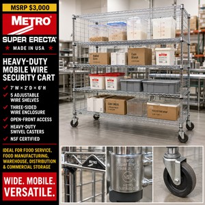 MSRP $3,000 Metro Super Erecta USA Heavy-Duty Mobile Wire Security Cart, 5 Adjustable Shelves, Three-Sided Enclosure, NSF Certified, Ideal For Food Service, Food Manufacturing, Warehouse, Distribution &amp Commercial Storage, 7 x 2 x 6