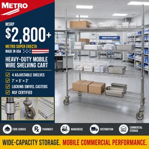 MSRP $2,800 Metro Super Erecta Made In USA Heavy-Duty Mobile Wire Shelving Cart, 5 Adjustable Shelves, Locking Swivel Casters, NSF Certified, Excellent For Food Service, Pharmacy, Warehouse, Distribution &amp Commercial Storage, 7 x 5 x 2