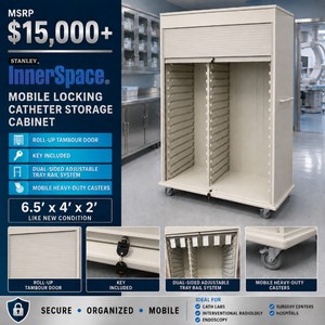 MSRP $15,000 Stanley InnerSpace Mobile Locking Catheter Storage Cabinet, Roll-Up Tambour Door, Key Included, Dual-Sided Adjustable Tray Rail System, For Cath Labs, IR, Endoscopy, Surgery Centers &amp Hospitals, 6.5x4x2 Like New Condition