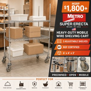 MSRP $1,800 Metro Super Erecta Made In USA Heavy-Duty Mobile Wire Shelving Cart, 3 Adjustable Shelves, NSF Certified, Perfect For Food Service, Food Manufacturing, Medical, Pharmacy, Warehouse, Retail &amp Commercial Storage, 6 x 4 x 2