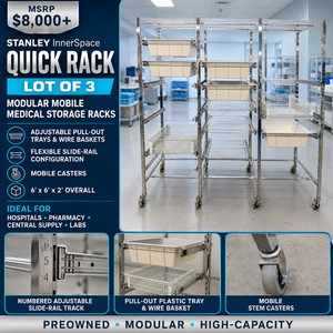 MSRP $8,000 Lot of 3 Stanley InnerSpace Quick Rack Modular Mobile Medical Storage Racks With Adjustable Pull-Out Trays, Wire Baskets, Slide Rails & Casters, Ideal For Hospitals, Pharmacy, Central Supply & Laboratories, 6 x 6 x 2 Overall