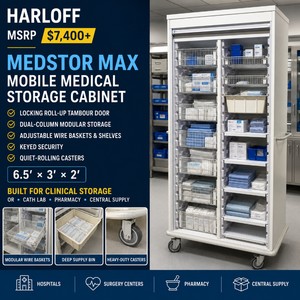 MSRP $7,400 Harloff MedStor Max Heavy-Duty Mobile Medical Storage Cabinet, Locking Roll-Up Tambour Door, Dual-Column Adjustable Wire Baskets & Shelves, Quiet-Rolling Casters, For Hospitals, Pharmacy & Central Supply, 6.5 x 3 x 2