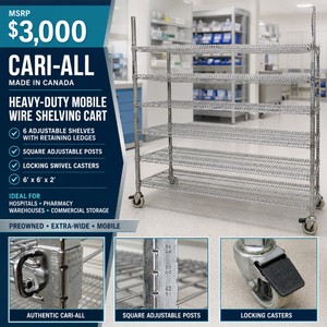 MSRP $3000 Waterloo Cari-All Heavy-Duty 6-Tier Adjustable Wire Shelving Cart, Locking Swivel Casters (Rubber Tread Missing), Made In Canada, Perfect For Laboratories, Warehouses, Distribution, Food Service &amp Commercial Storage, 6 x 6 x 2