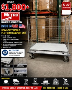 MSRP $1,800 Metro Super Erecta Made In USA Heavy-Duty Mobile Platform Transport Cart, Solid Deck, Three-Sided Containment Panels, NSF Certified, Perfect For Warehouse, Distribution, Retail, Laundry &amp Commercial Material Handling, 5 x 5 x 2