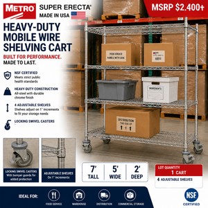 MSRP $2,400 Metro Super Erecta USA Heavy-Duty Mobile Wire Shelving Cart, 4 Adjustable Shelves, Locking Swivel Casters, NSF Certified, Excellent For Food Service, Warehouse, Distribution &amp Commercial Storage, 7 x 5 x 2