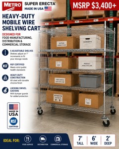 MSRP $3,400 Metro Super Erecta USA Heavy-Duty Mobile Wire Shelving Cart, 5 Adjustable Shelves, Locking Swivel Casters, NSF Certified, Designed For Food Manufacturing, Distribution &amp Commercial Storage, 7 x 6 x 2&nbsp&nbsp