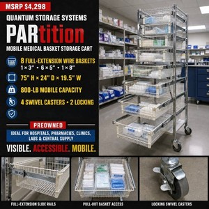 MSRP $4,298 Preowned Quantum Storage Systems PARtition Mobile Medical Storage Cart With 8 Full-Extension Wire Baskets, 800-Lb Capacity, Locking Casters, Safety Top & Dust Cover, 6 x 2 x 2