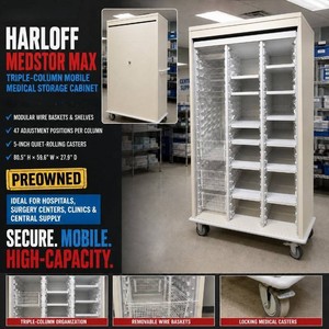 MSRP $9,500 Harloff Heavy-Duty Modular Medical Storage Cabinet, Adjustable Shelves, Wire Baskets &amp Storage Trays, Locking Casters, Ideal For Garages, Workshops &amp Commercial Storage 80 x 60 x 28, Tambour door removed for open-access