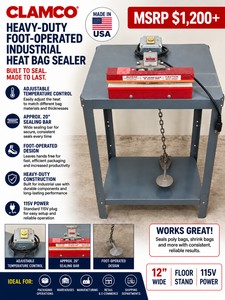 MSRP $1,200 Clamco Heavy-Duty Foot-Operated Industrial Heat Bag Sealer With Adjustable Temperature Control, 12 Sealing Bar, 115V, Floor Stand, Poly Bag &amp Shrink Bag Packaging Machine, Works Great