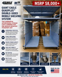 MSRP $8,000 Eagle Group QuadPLUS Antimicrobial Double-Sided Mobile Inventory Transport System With MicroGard� Shelving, Locking Casters, Perfect For Hospitals, Food Manufacturing, Warehouses, Distribution Centers &amp Cleanrooms Approx. 6x4.5x4