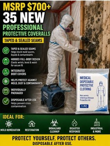 MSRP $700 New Case 35 Professional Disposable Protective Bunny Suits Hooded PPPE Laminated Full-Body Coveralls Taped &amp Sealed Seams, Boot Covers, For Biohazard, Laboratory, Painting, Auto Body, Mold Remediation, Cleanroom &amp Industrial Use