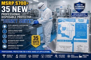 MSRP $700 New Case 35 Professional Disposable Protective Bunny Suits Hooded PPPE Laminated Full-Body Coveralls Taped &amp Sealed Seams, Boot Covers, For Biohazard, Laboratory, Painting, Auto Body, Mold Remediation, Cleanroom &amp Industrial Use