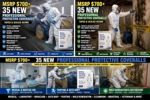MSRP $700 New Case 35 Professional Disposable Protective Bunny Suits Hooded PPPE Laminated Full-Body Coveralls Taped &amp Sealed Seams, Boot Covers, For Biohazard, Laboratory, Painting, Auto Body, Mold Remediation, Cleanroom &amp Industrial Use