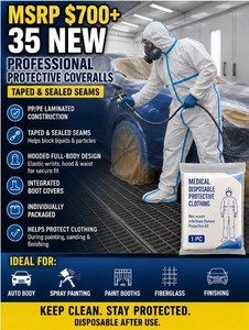 MSRP $700 New Case 35 Professional Disposable Protective Bunny Suits Hooded PPPE Laminated Full-Body Coveralls Taped &amp Sealed Seams, Boot Covers, For Biohazard, Laboratory, Painting, Auto Body, Mold Remediation, Cleanroom &amp Industrial Use