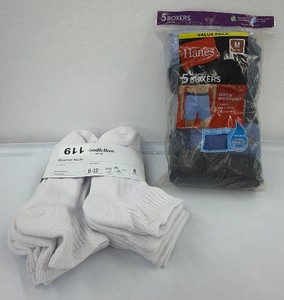 lot of Hanes, mens boxers size medium, plus one pack of quarter socks, size 6 to 12 six total pairs