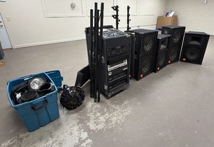 Complete Mobile DJ  Sound & Lighting Rig  JBL SR Series Speakers, Grundorf Rack w Gemini CD-8000s, QSC Amps, Par Can Lights & Stands
