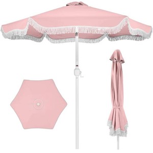 9ft Boho Fringe Umbrella Tilt, UPF50, Steel Pole -Pink