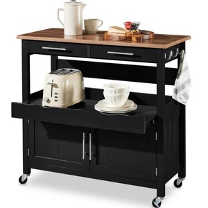 36in Large Rolling Kitchen Island Cart, 2-Door Cabinet, Outlet, & Wheels- black