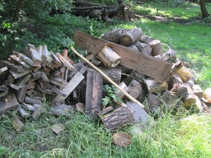 Pile of assorted unsplit firewood a...