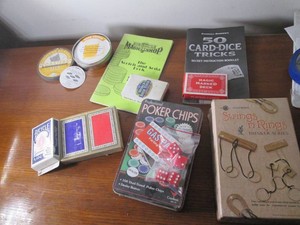 Card games, poker chips, magic tric...