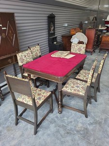 Vintage Jacobean Revival Dining Table & Chairs Set w Table Pads