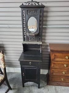 Antique Eastlake Style Carved Mirror Back Hall Cabinet Stand 17x17x68