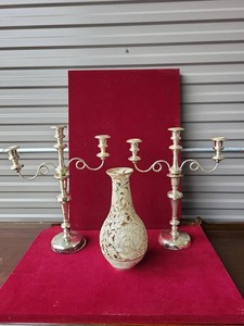 Silver Plate Filigree Vase with Pair of Convertible Candelabra Set