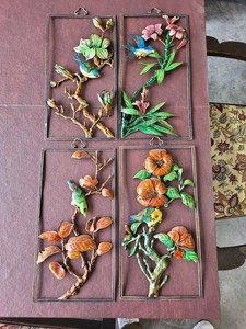 Vintage Chinese Filigree Enamel Bird & Flower Wall Plaques Set