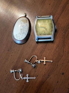 Vintage Gothic Wristwatch Head Pendant & Cross Earrings Jewelry Lot