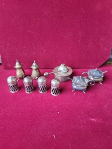 English Silverplate Condiment Lot Mappin & Webb Cobalt Glass Salts
