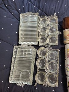 Vintage Clear Pressed Glass Snack Set Beaded Trays & Cups