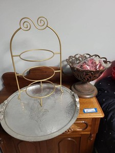 Decorative Metal Serving Tray with Tiered Stand & Pedestal Bowl Set