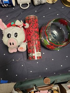 Christmas Decor Lot Plush Pig Glass Bowl Berry Filler Holiday Mixed