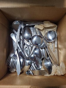 Assorted Stainless Steel Flatware Box Lot Mixed Spoons Forks Knives