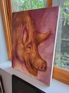 Original Oil on Canvas Pig Portrait Painting Dated 1991 Unframed