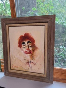 Signed D. Levine Clown Portrait Oil Painting on Canvas Framed 16x20