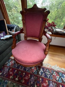 Victorian Eastlake Walnut Upholstered Parlor Armchair on Casters