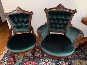 Victorian Walnut Parlor Armchair & Side Chair Set Green Velvet