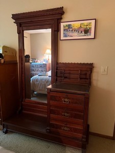 Antique Eastlake Victorian Walnut Hall Tree Mirror Stand Stone Top