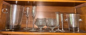 Assorted Frosted Glass Stemware Ice Buckets & Etched Coupe Lot