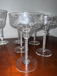 Vintage Etched Stemware Coupe & Goblet Glasses Floral Design