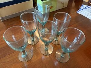 Set of 6 Aqua Blue Stemmed Glass Goblets Tall Recycled Glass Style