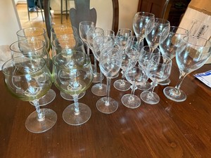 Assorted Stemware Wine Glasses & Goblets in Clear and Green Glass