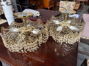 Pair of Vintage Brass Tone Crystal Flush Mount Ceiling Light Fixtures