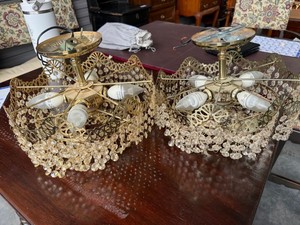 Pair Vintage Hollywood Regency Brass Crystal Flush Mount Lights